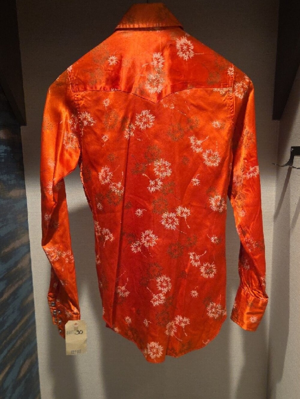 Women's Vintage Western H Bar C Orange Floral Satin Pearl Snap Shirt - Picture 4 of 8